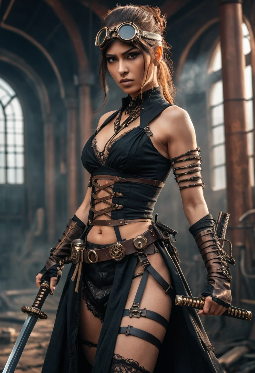 Femme ninja steampunk tenant un katana dans une ville fantastique