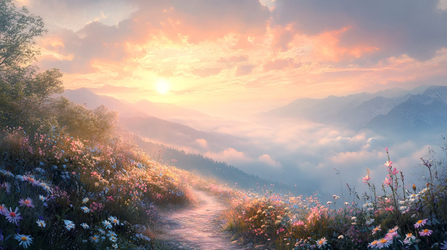 Sonnenaufgangsstrahlen formen eine Tür über einem Bergpfad