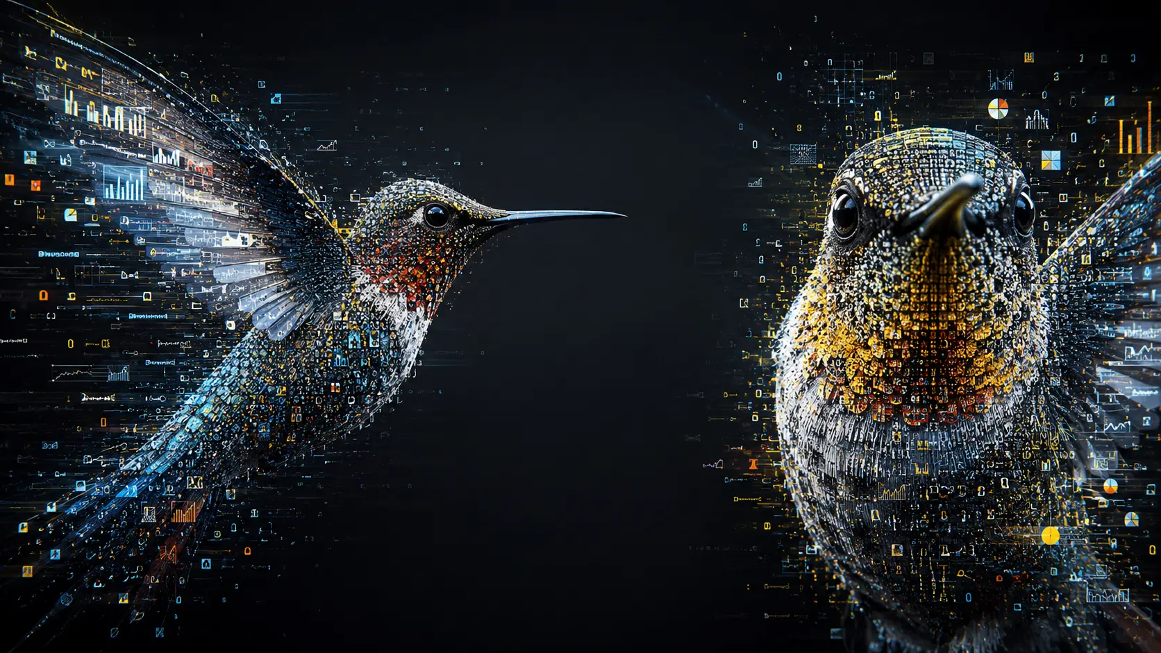 Colibrì con glifi di dati in ritratto digitale aziendale astratto