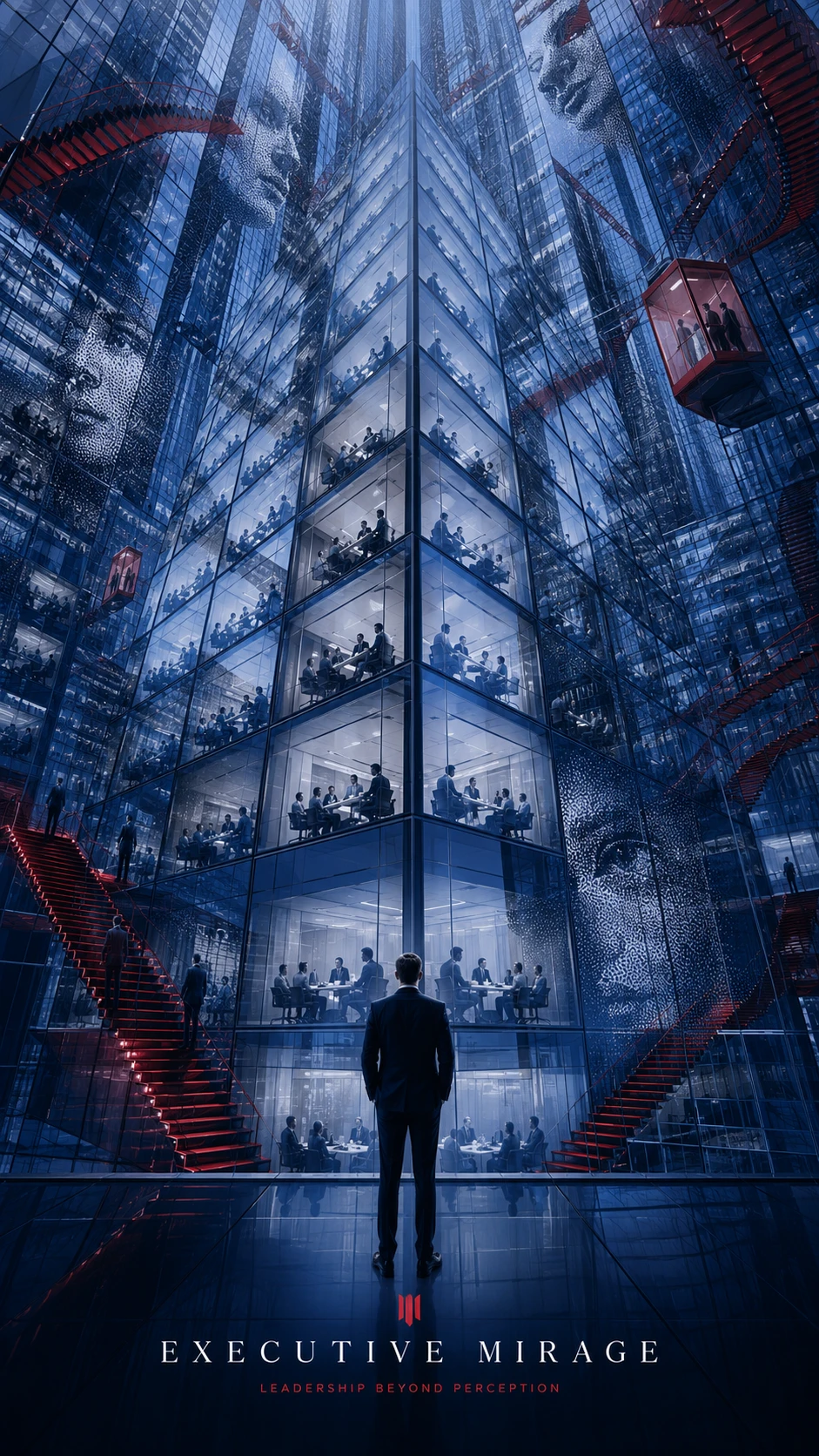 Arranha-céu de vidro surreal refletindo versões espelhadas infinitas