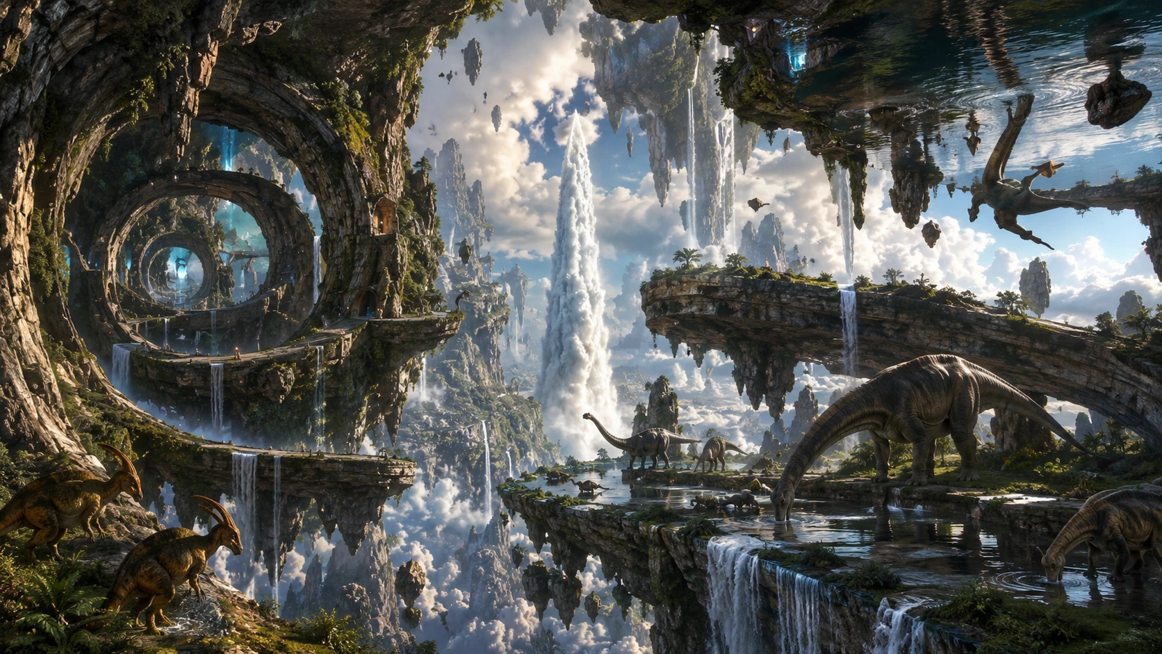 Jurazeit-Dinosaurier neben einem surrealen, aufwärts fließenden Wasserfall