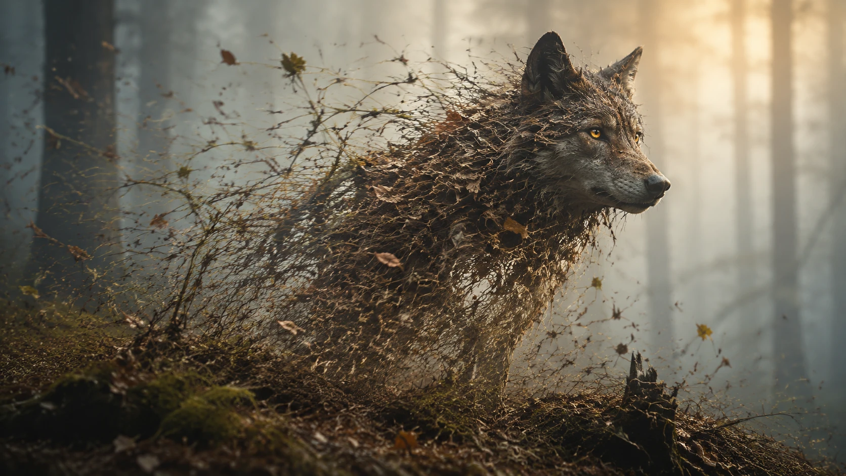 Silhueta de lobo formada por gramíneas e folhas da floresta ao vento