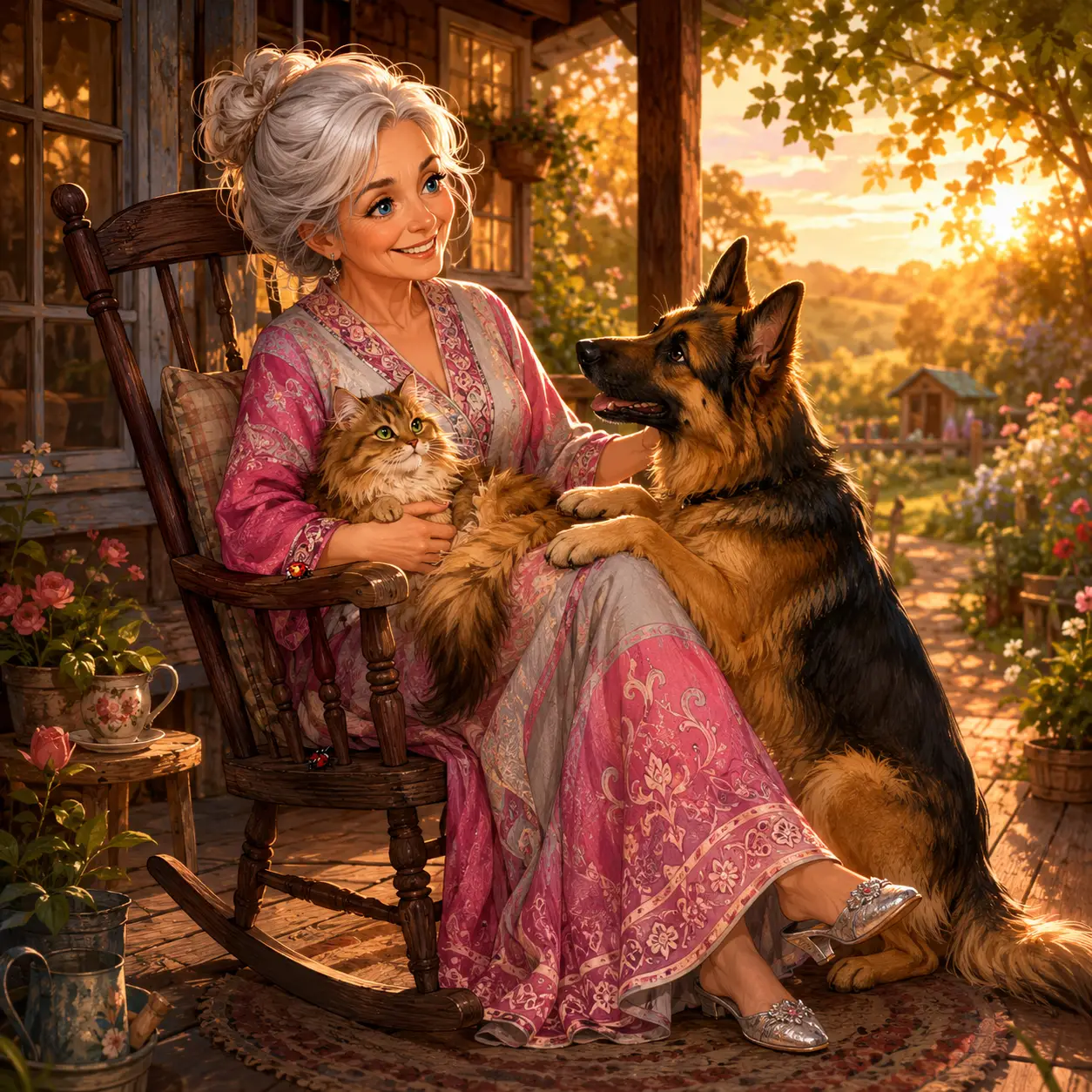 Femme souriante sur un rocking-chair de porche avec un chat et un chien
