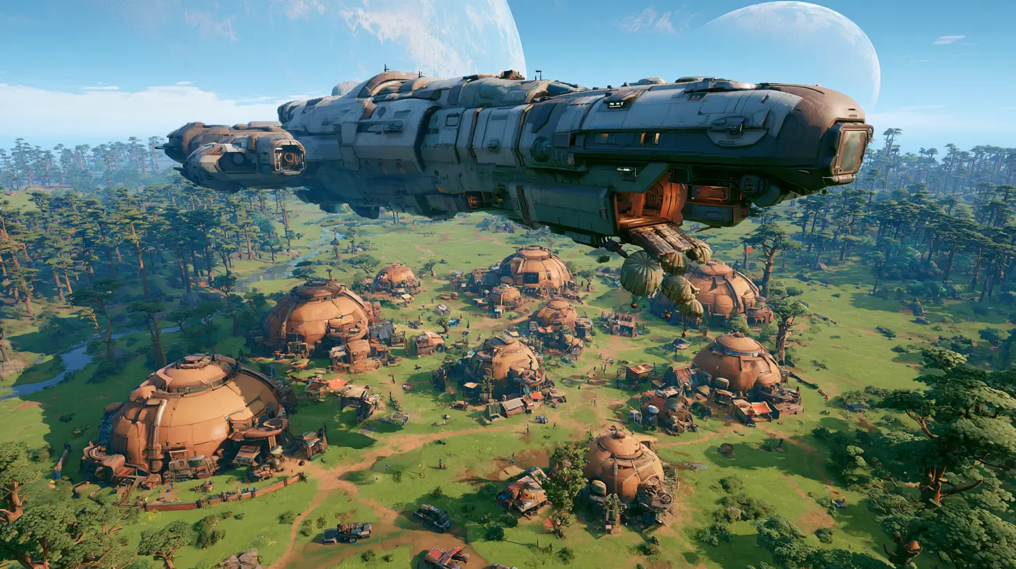 Gigantic Supply Ship Over Futuristic Green Mining Colony