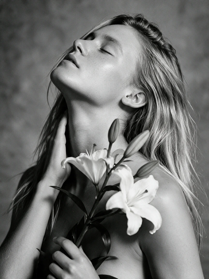 Serene woman with lilies in a monochrome studio portrait