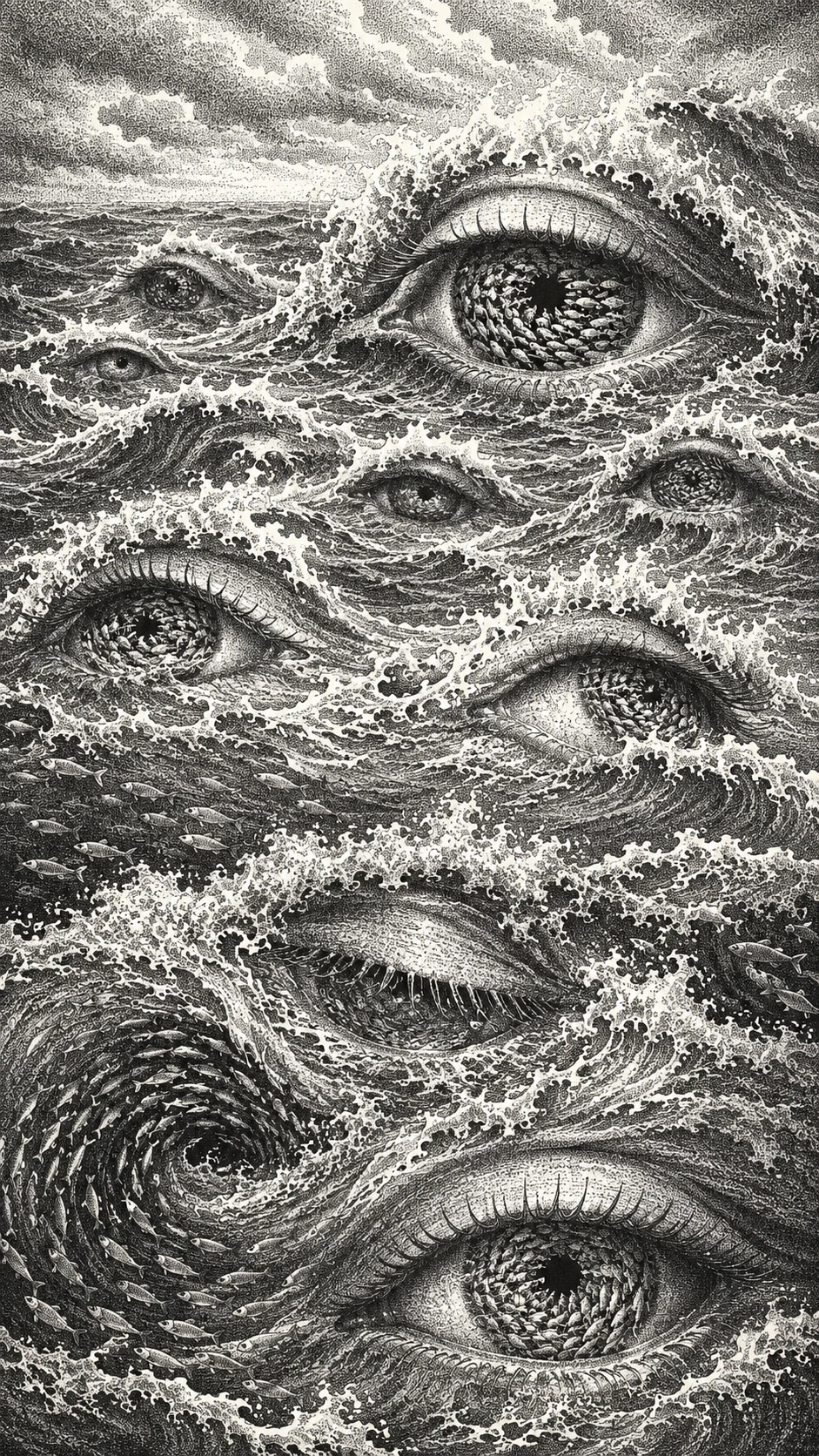 Ondas pontilhadas do oceano se transformando em olhos humanos ocultos