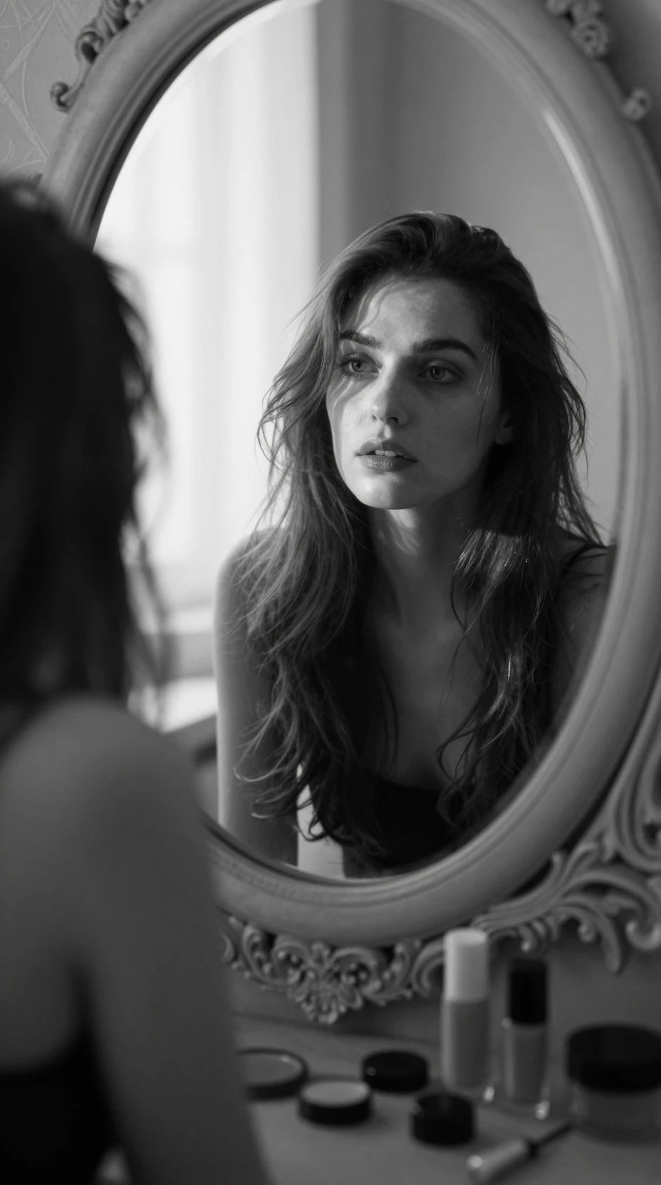 Woman gazing into ornate mirror in dramatic monochrome light