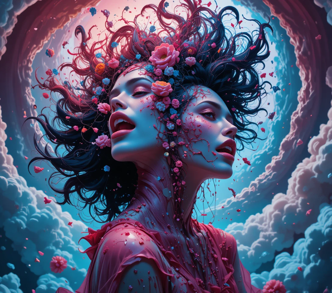 Surreal female faces dissolving into a psychedelic dream vortex