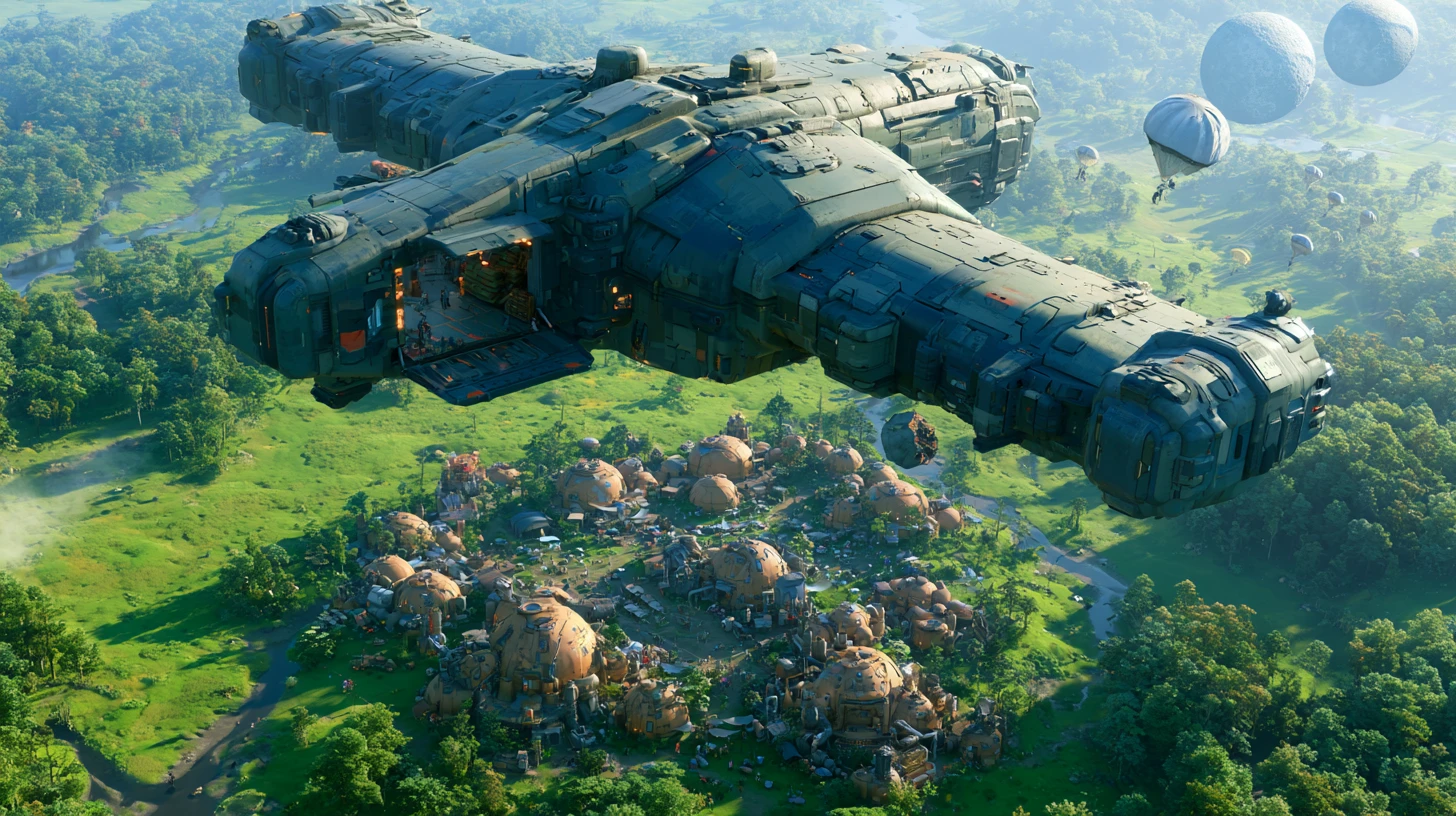Gigantic supply spaceship over a dome mining colony