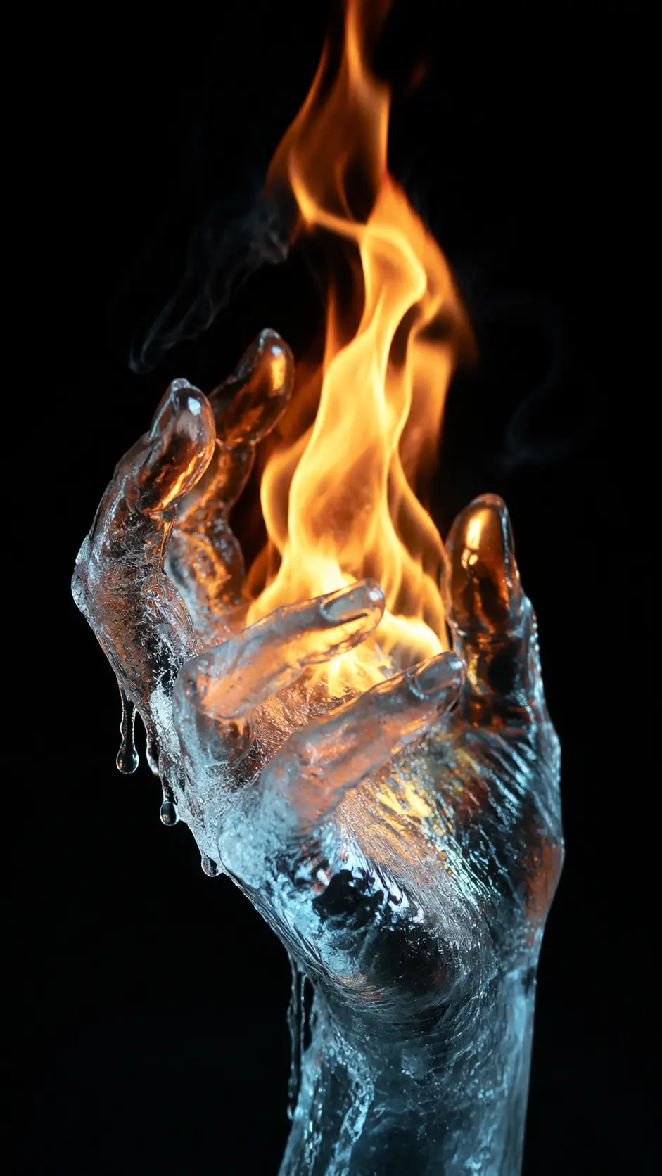 Ice fingers cradle a fragile flame against dark velvet