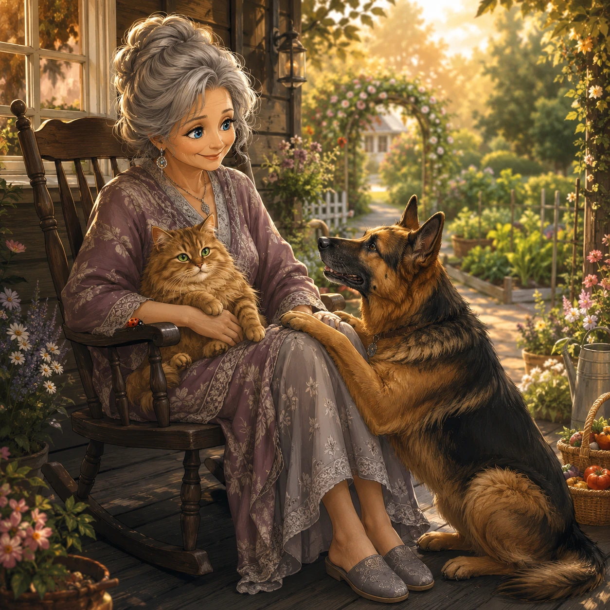 Grandmother on porch with cat and dog at sunset