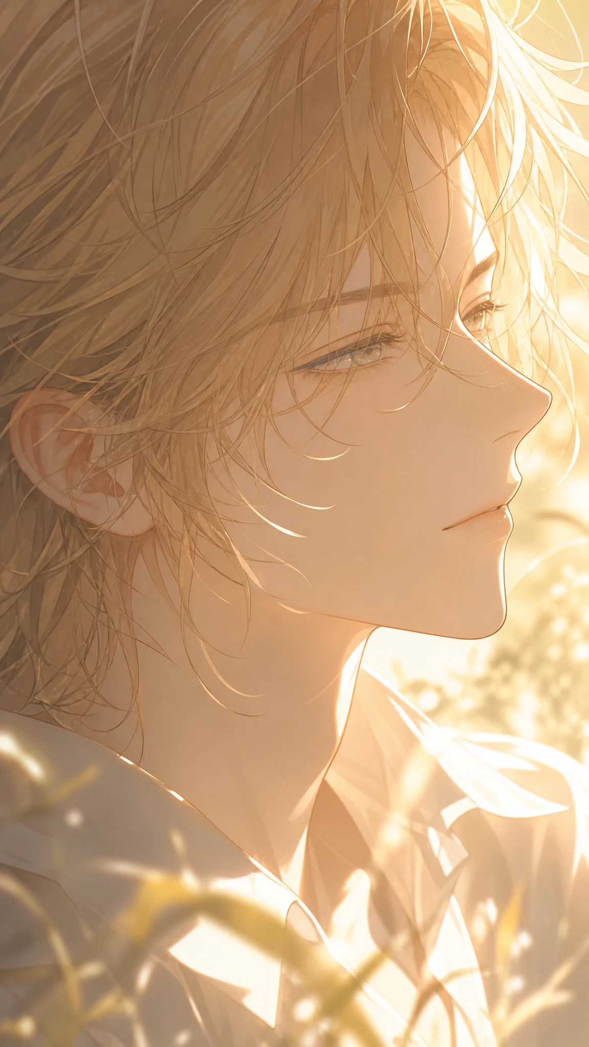 Retrato sereno de perfil em anime na luz quente do verão