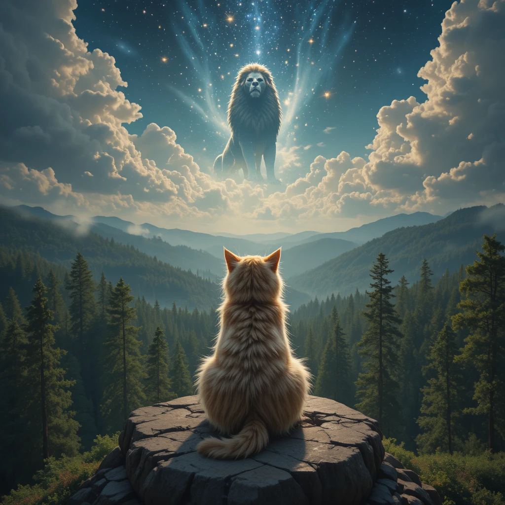 Waldkätzchen auf einer Klippe unter einem mystischen Sternenhimmel