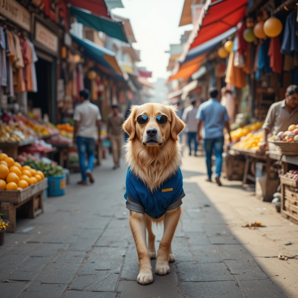 Golden retriever caminhando por um mercado de rua colorido