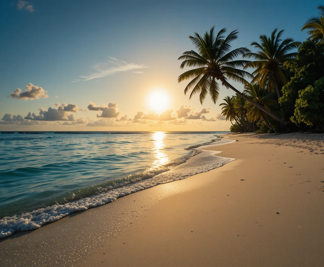 Tropical beach sunset with sunburst behind palm tree