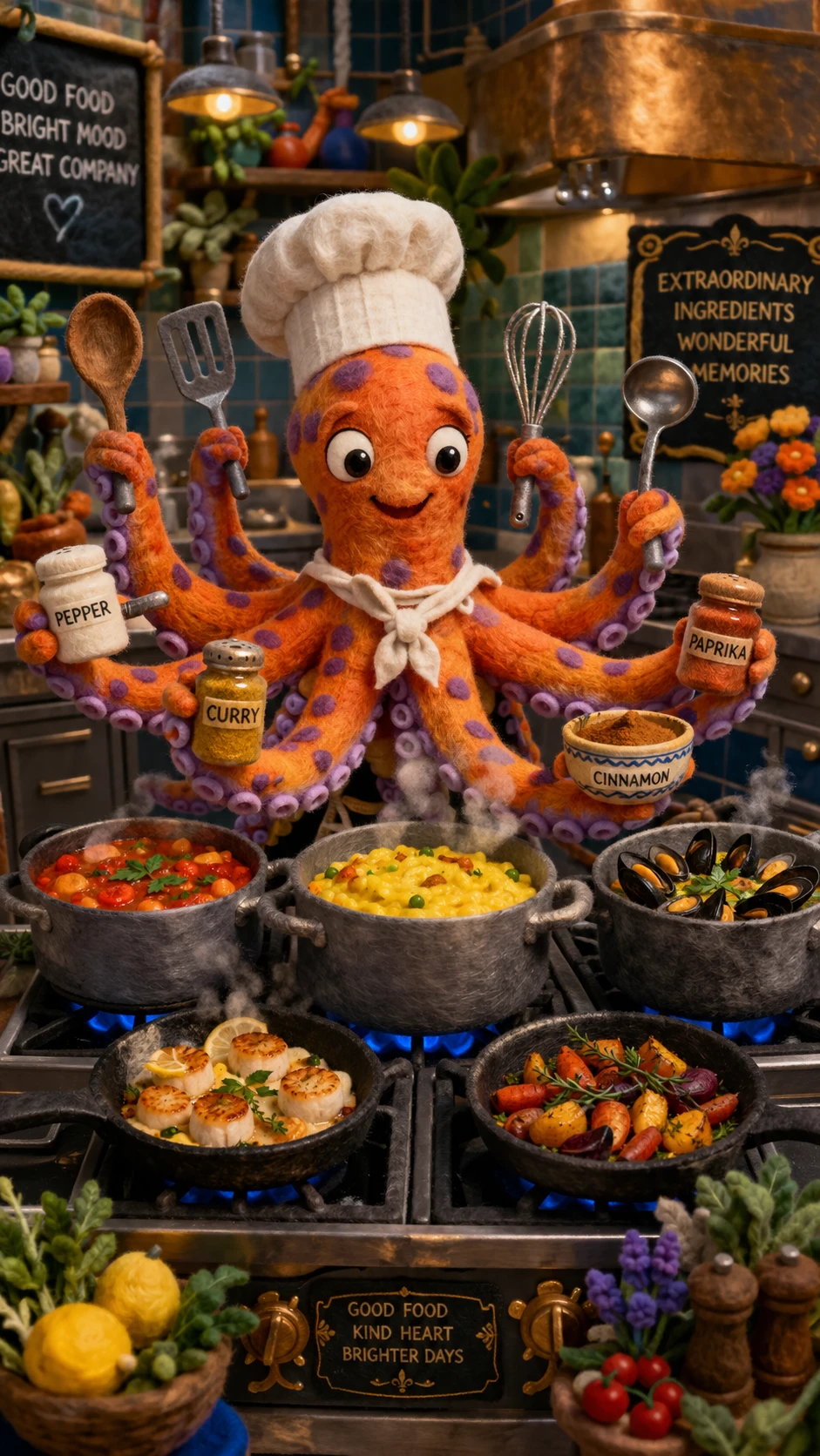 Poulpe chef coloré cuisinant dans la cuisine d’un restaurant gastronomique