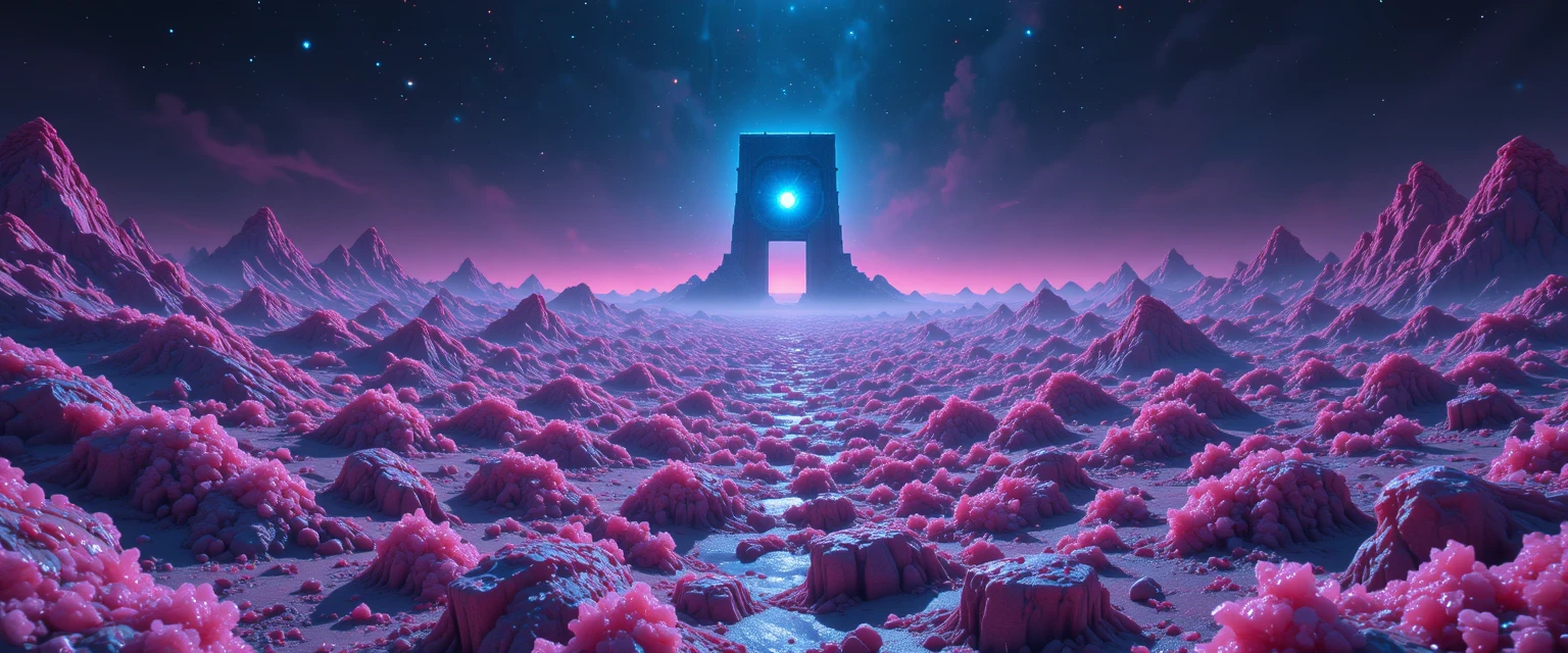 Monólito cósmico sobre uma paisagem de oceano de doce neon