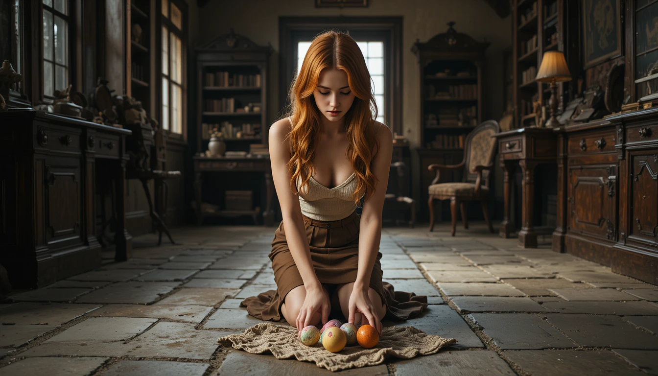 Young woman arranging Easter eggs in a vintage study