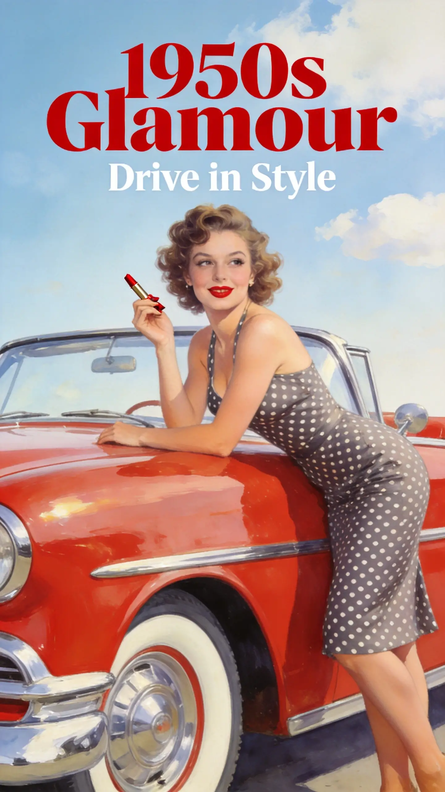 Retro-Pin-up-Frau mit glänzendem Cabrio-Poster