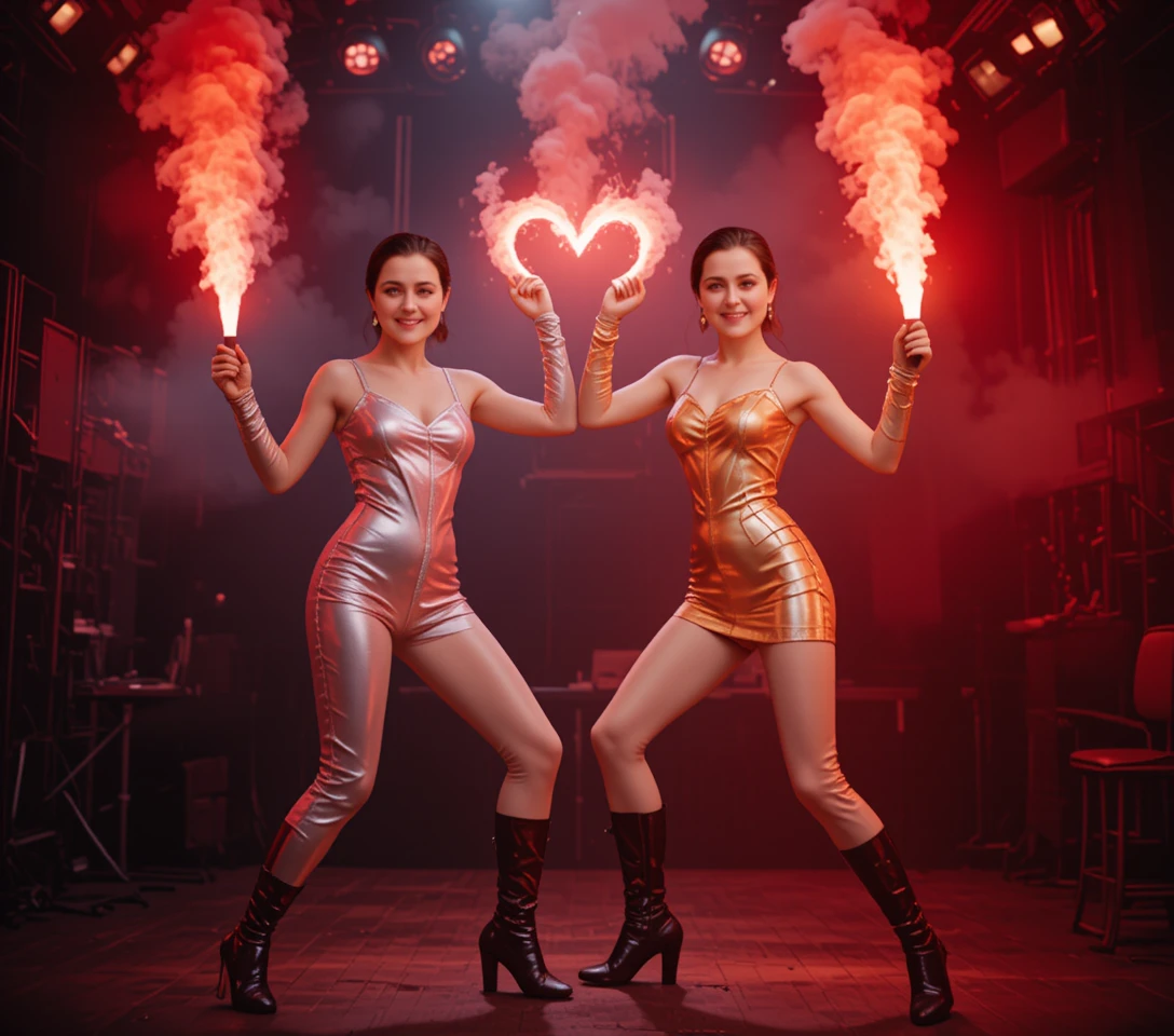 Due donne che disegnano un cuore luminoso con il fumo di un razzo rosso