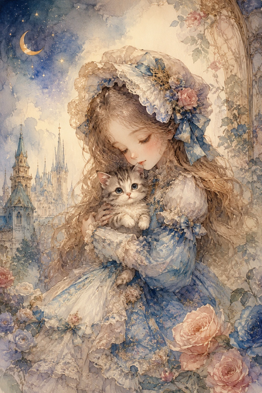 Piccola bambina che tiene in braccio un gattino in una scena ad acquerello da sogno