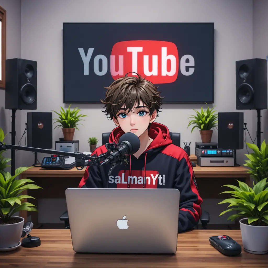 Anime-Junge als Streamer am Computer-Schreibtisch mit Mikrofonsetup