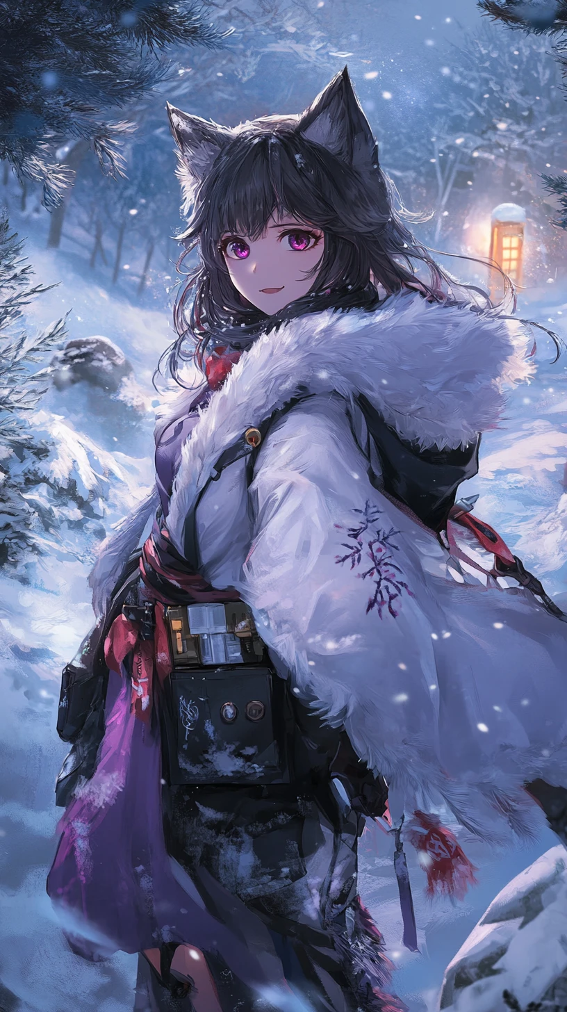 霓虹燈照亮的老舊樓梯上的冬裝動漫少女