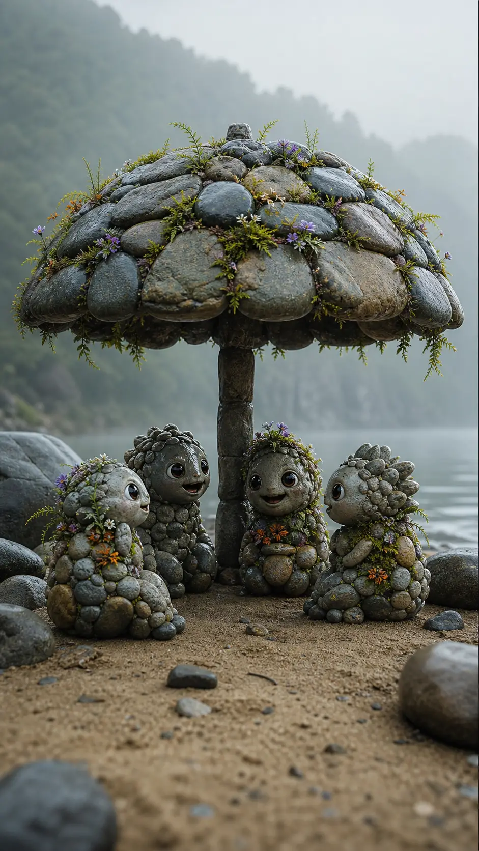Stone umbrella sheltering playful creatures in misty nature