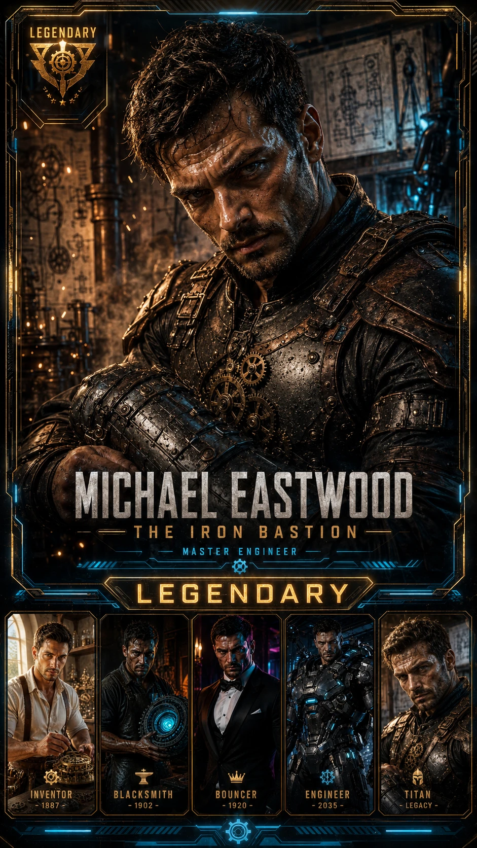 Cinematic portrait of armored street defender in dark workshop