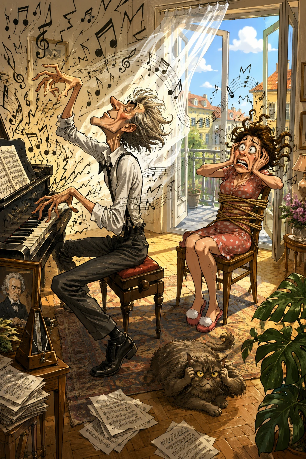Homem em desenho animado tocando piano enquanto sua esposa amarrada tapa os ouvidos