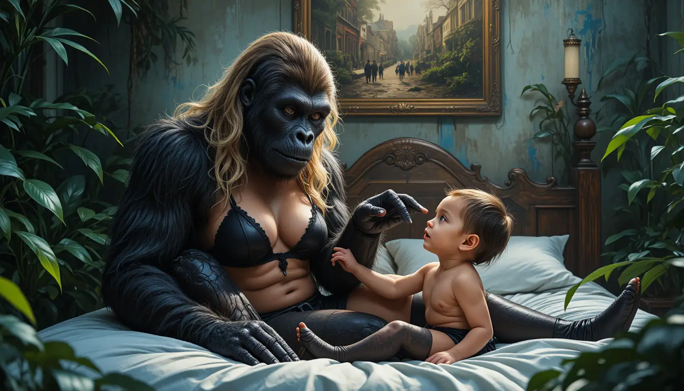 Sanfter Gorilla berührt die Hand eines neugierigen Babyjungen