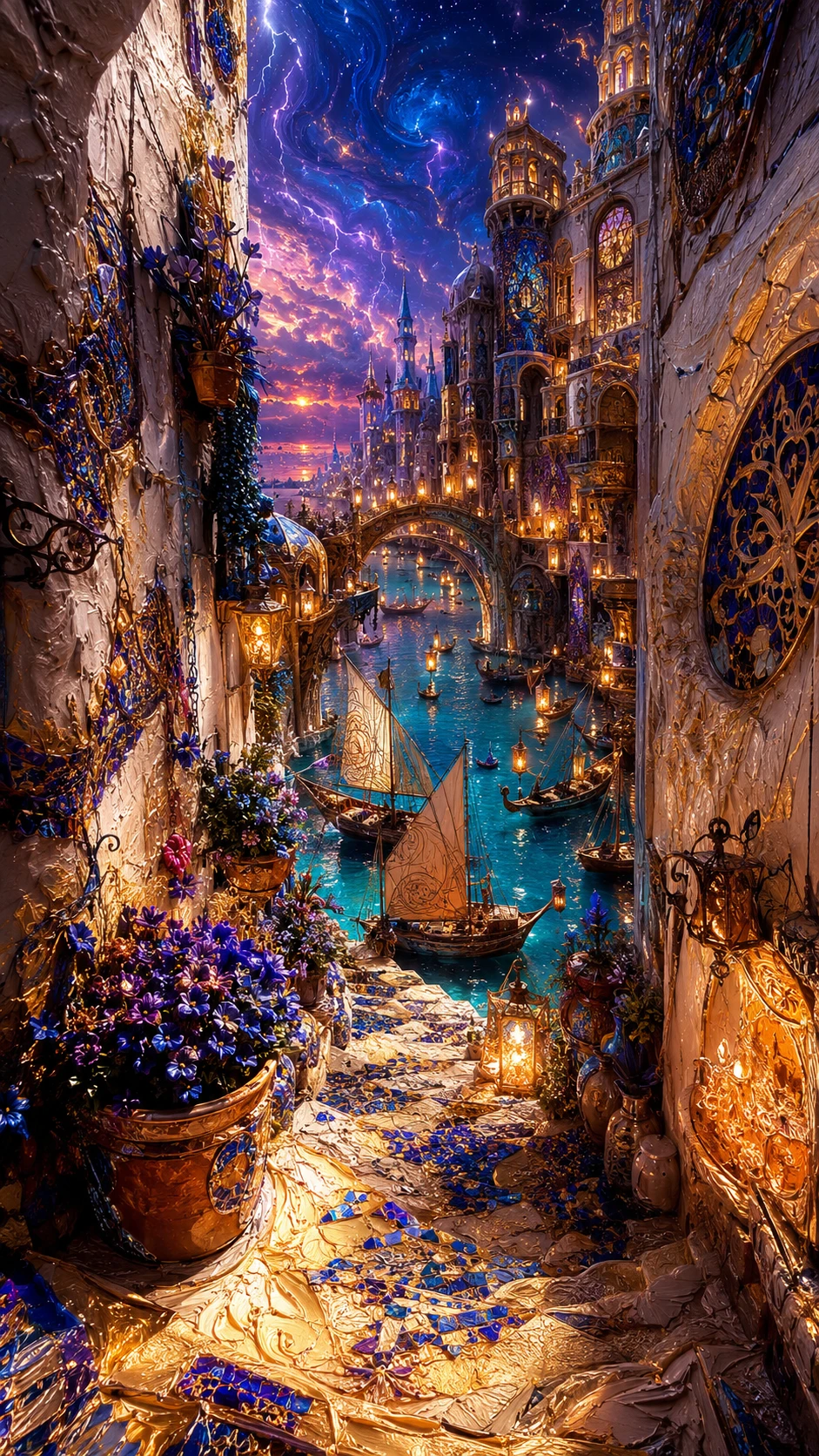 Sunlit coastal alley descending into a luminous canal city