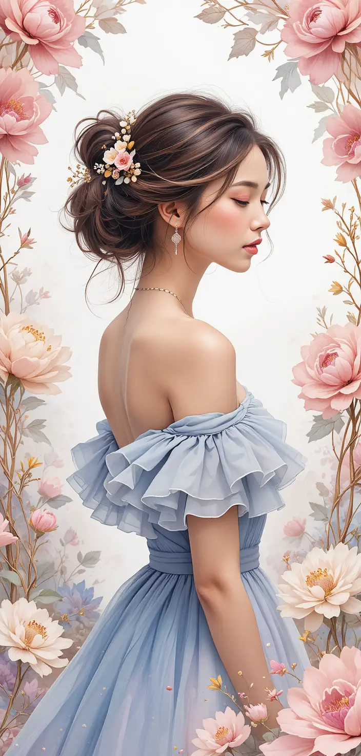Watercolor portrait of a serene woman with floral updo
