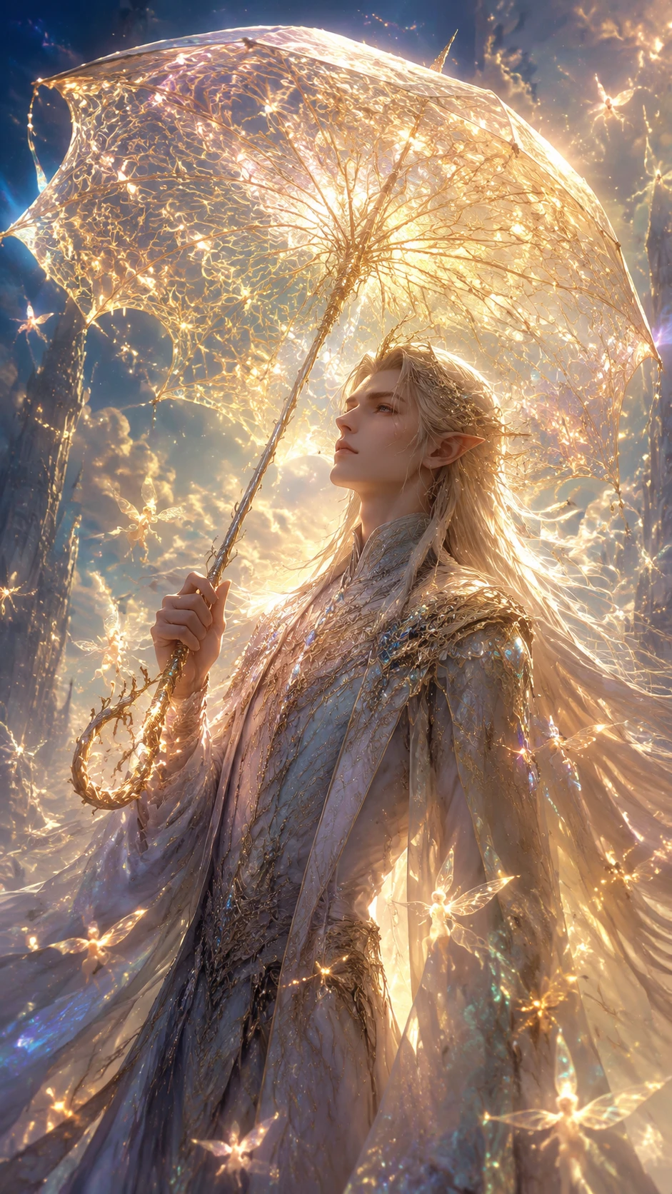 Elfe tenant un parapluie lumineux sous un ciel baigné de soleil