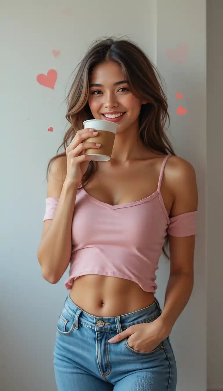 Glückliche gebräunte Frau in Jeans, die am Valentinstag Kaffee trinkt