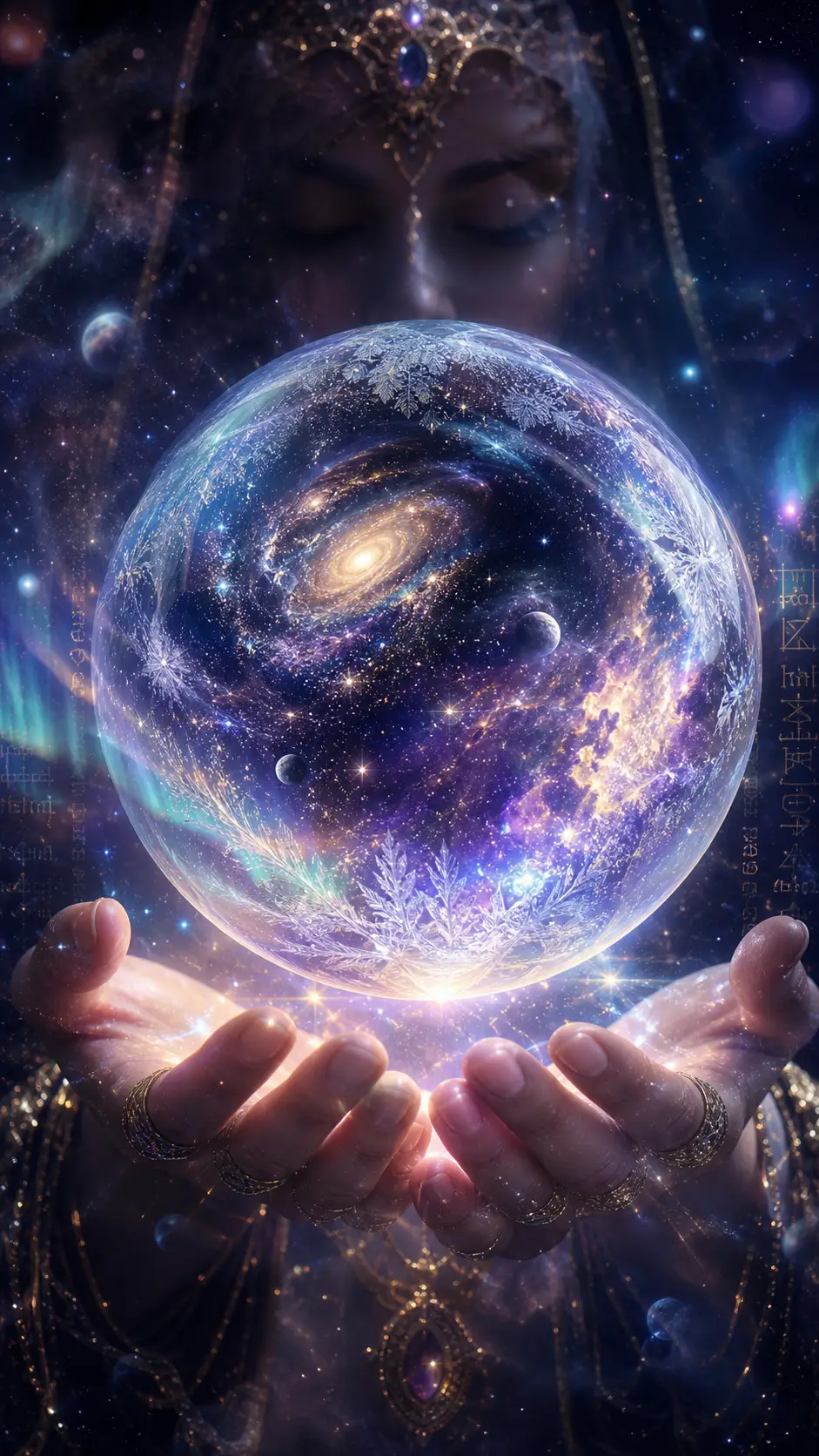 Crystal sphere of the cosmos glowing above cupped hands