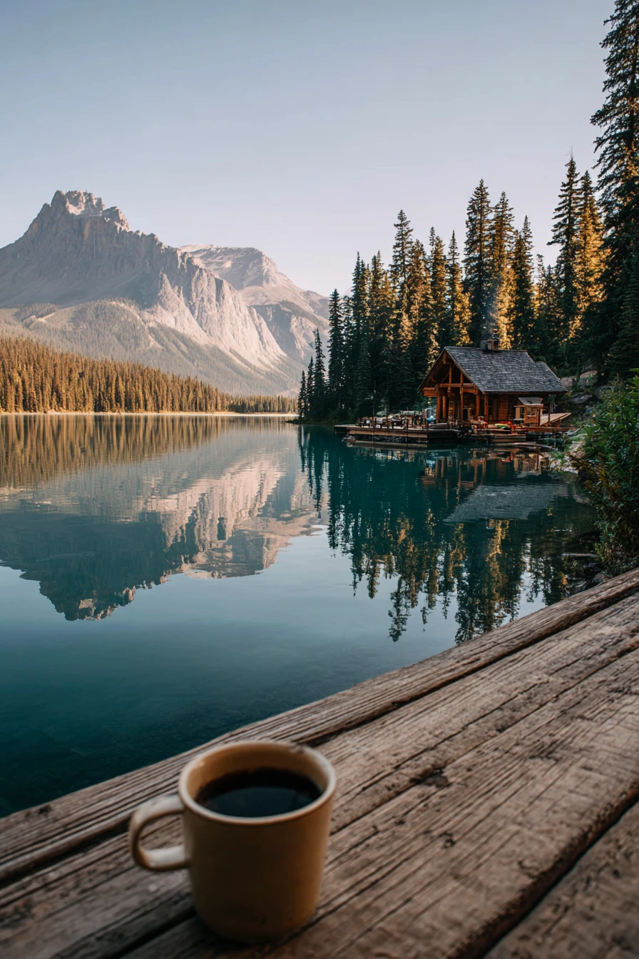 Aube paisible sur un calme lac de montagne émeraude