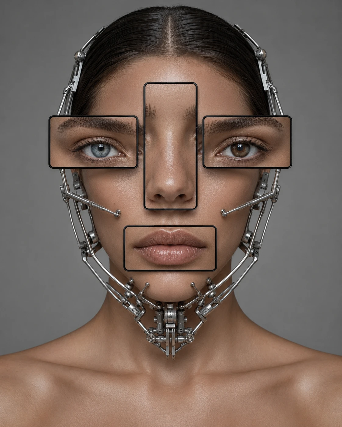 Retrato futurista de mulher com molduras faciais e exoesqueleto