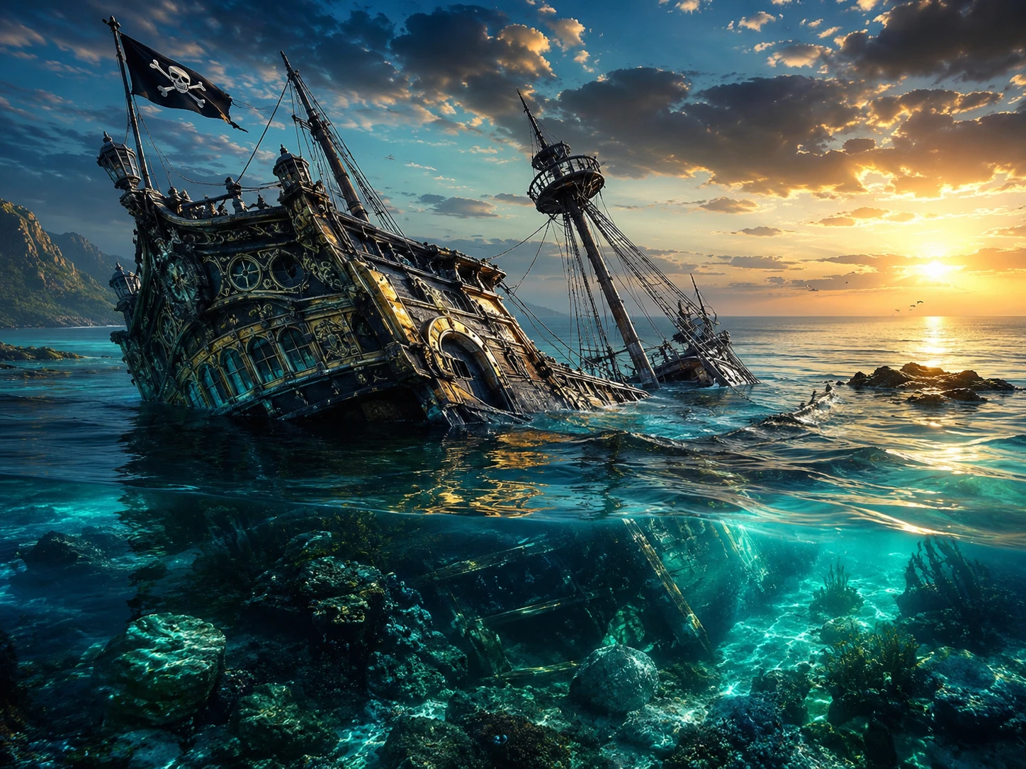 Navire pirate brisé brillant dans une vaste mer lumineuse