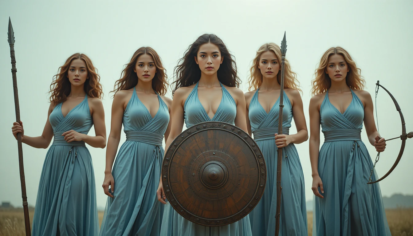 Five greek inspired warrior women under a hazy sky