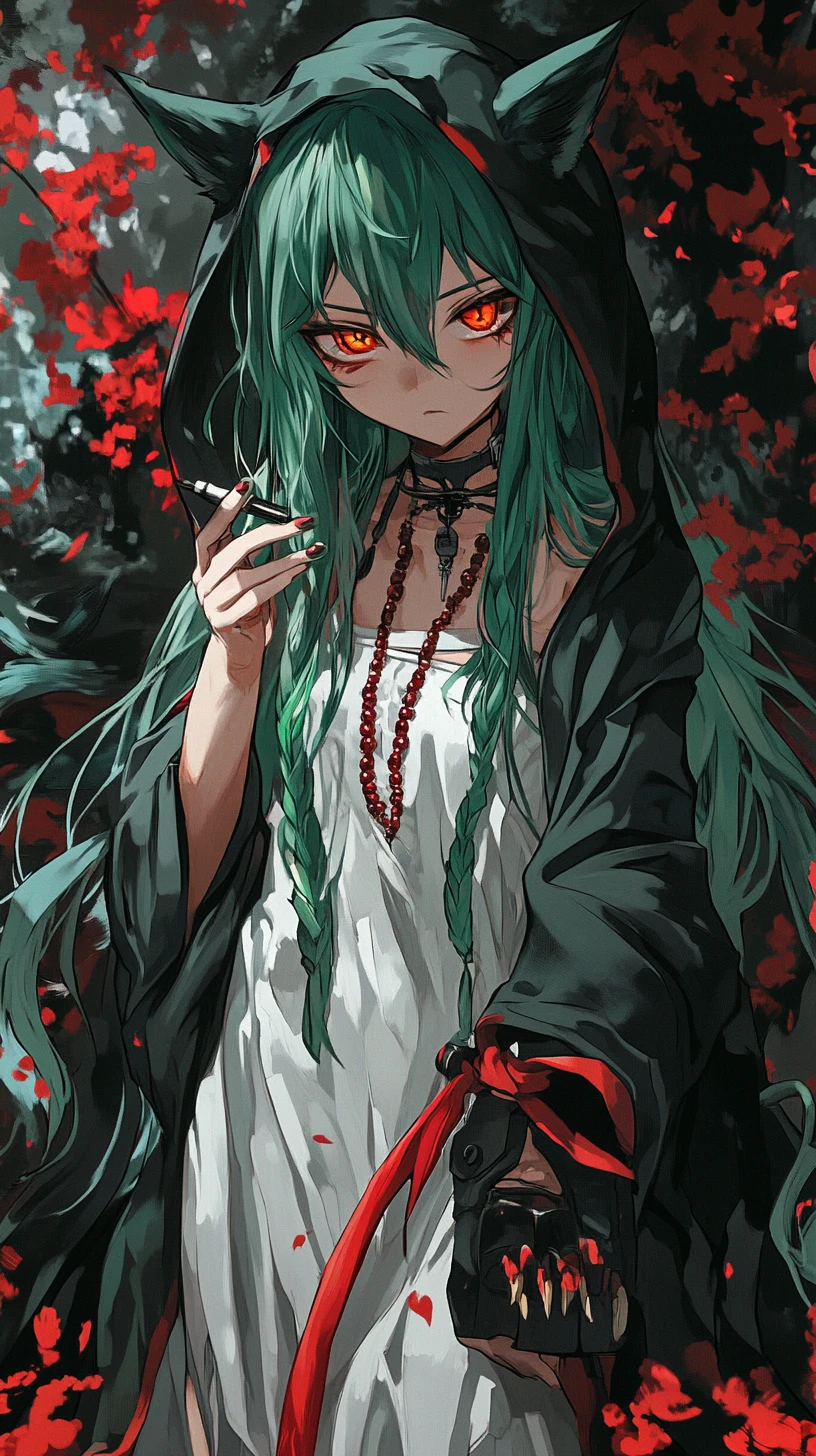 Anime girl with green hair in a detailed fantasy outfit