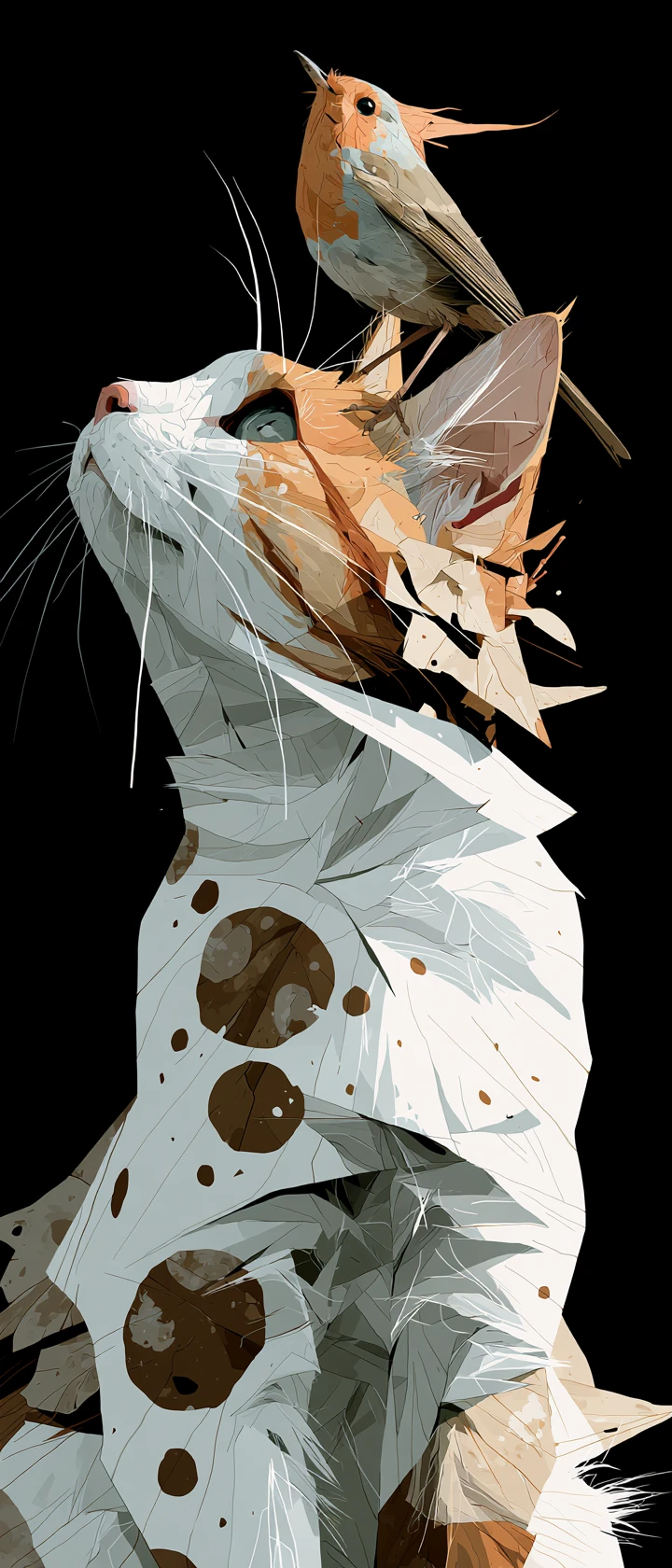 Gato branco e marrom com um pequeno pássaro em ilustração
