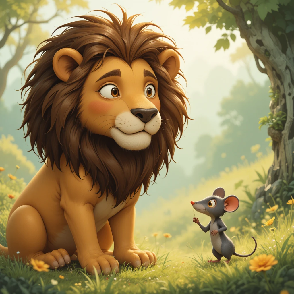 Lion and mouse sharing a gentle moment of friendship