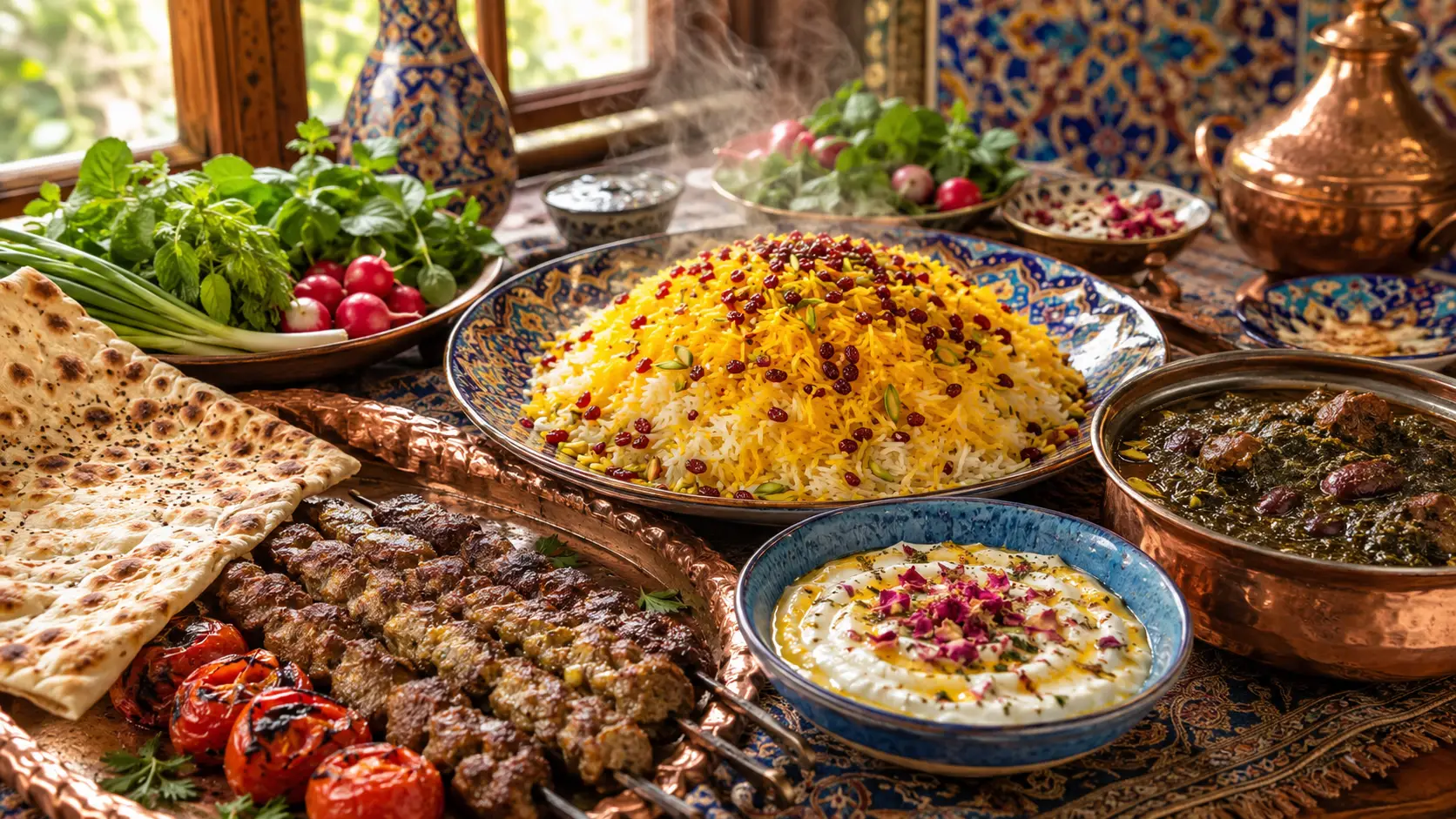 Table de banquet perse avec brochettes de riz et pain plat