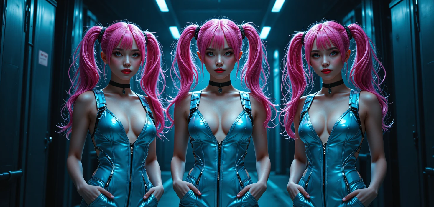 Three pink haired women in blue overalls in industrial interior