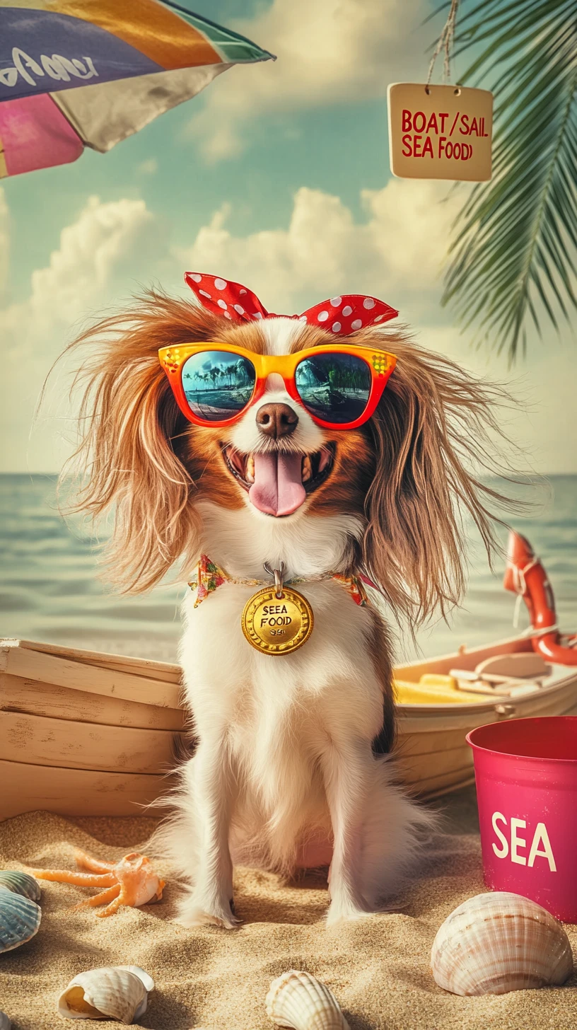 Cãozinho alegre de óculos de sol relaxando na praia ensolarada