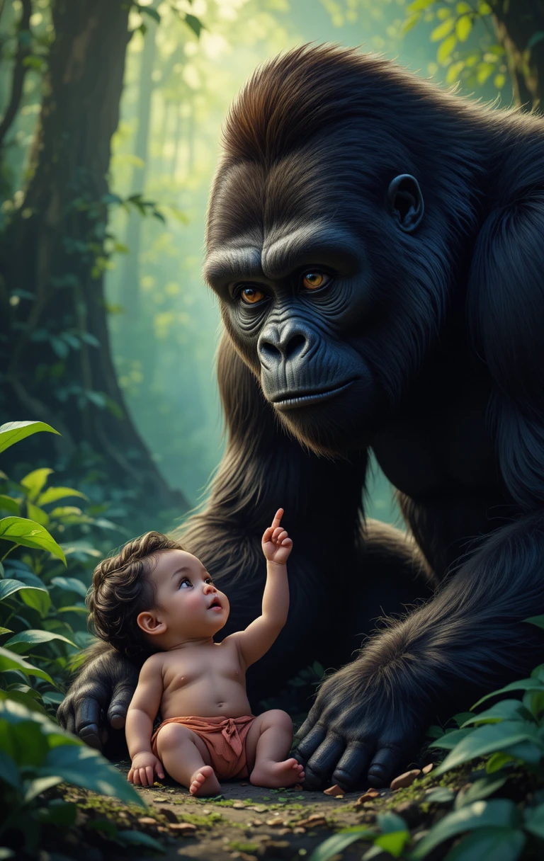 Gorilla berührt sanft ein neugieriges Baby im Dschungel