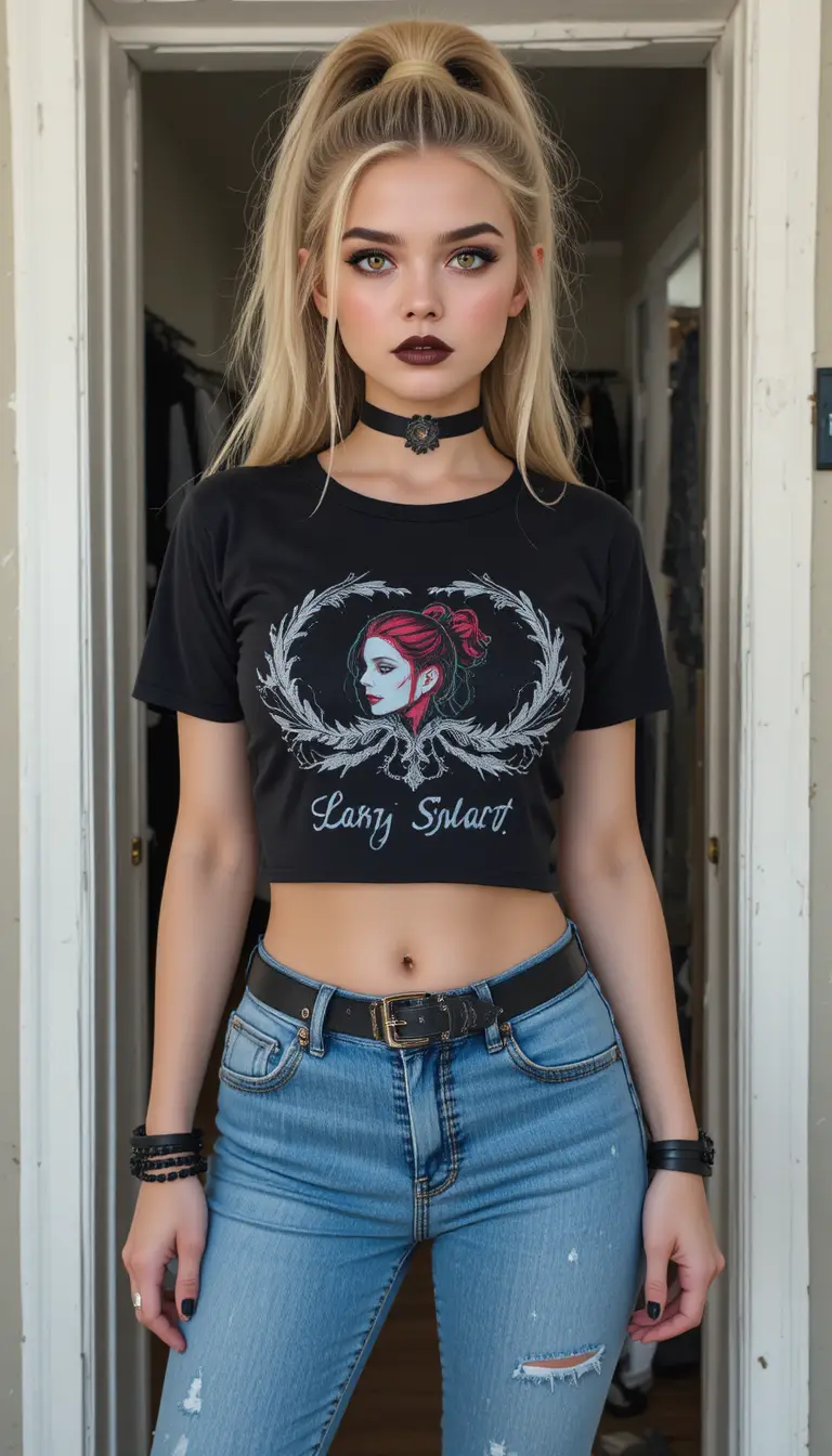 Ragazza gotica bionda con crop top nero sulla soglia