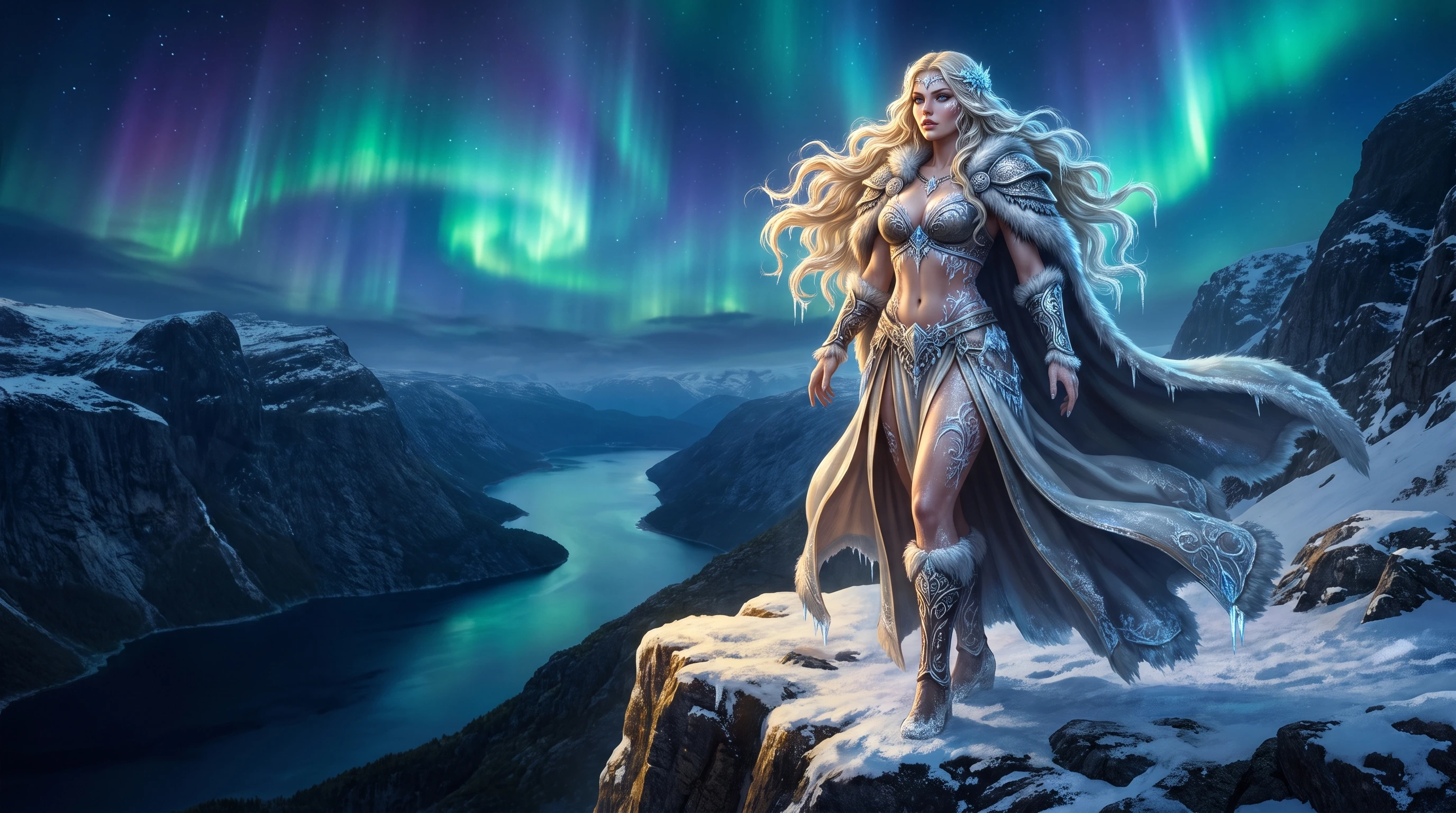 Deusa nórdica em fiordes gelados sob a aurora boreal