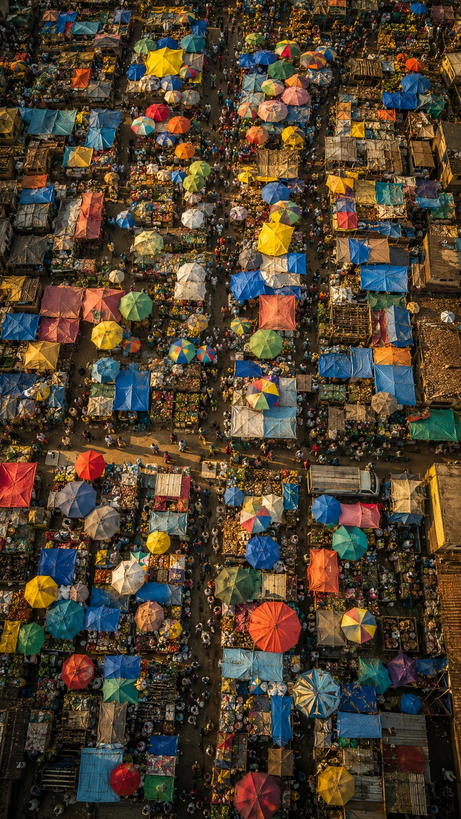 Colorful aerial view of a bustling outdoor marketplace